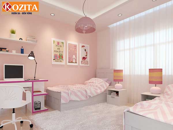 Sử dụng màu hồng pastel cho cả không gian phòng ngủ